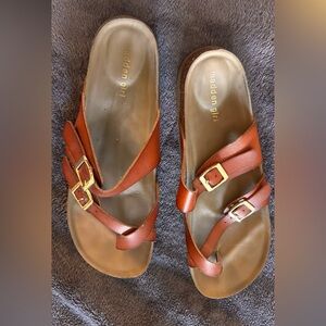 Madden Girl Tan Sandals with Gold Buckles